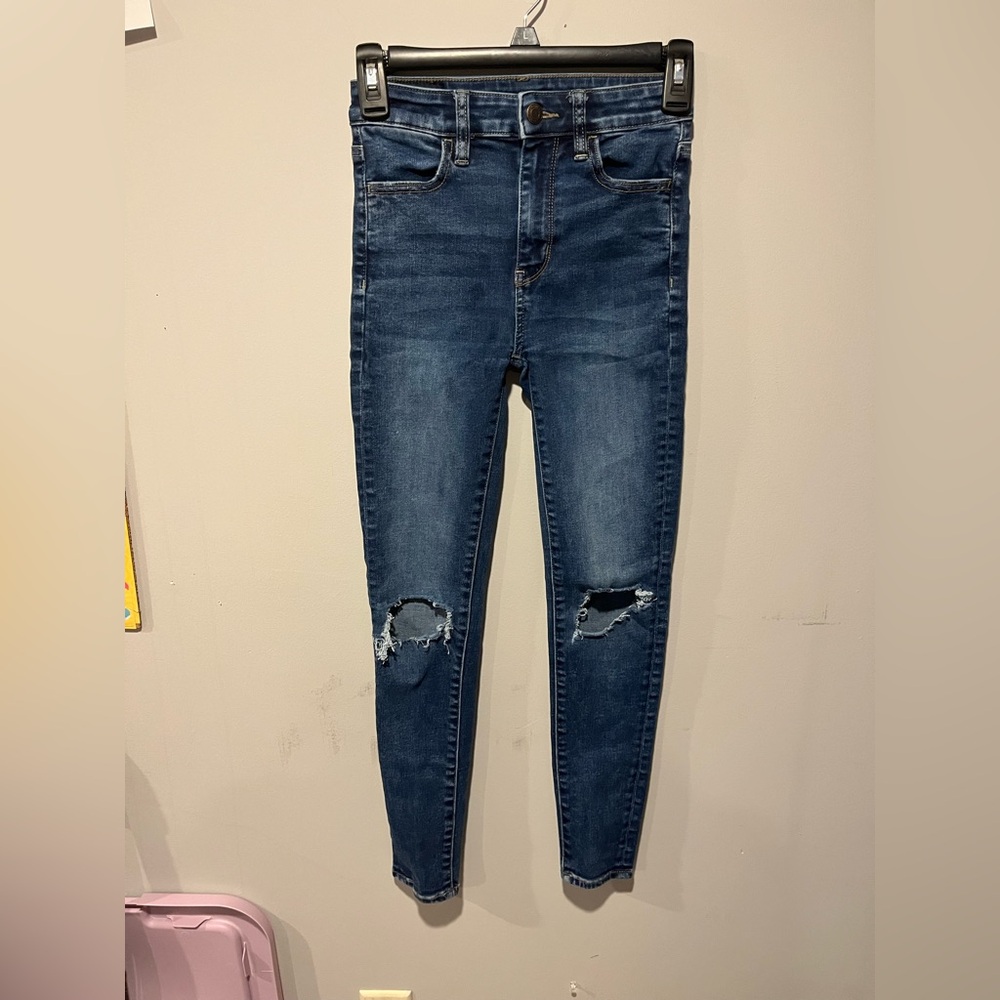 American Eagle Outfitters Dark Blue Ripped Skinny Jeans 00 short